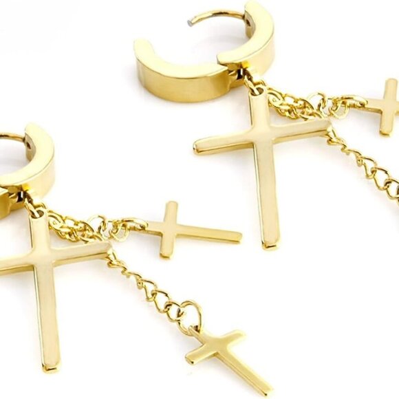 Contemporary Cross Tassel Hoop Earrings in Durable Stainless Steel - 2 Pairs - Picture 2 of 7